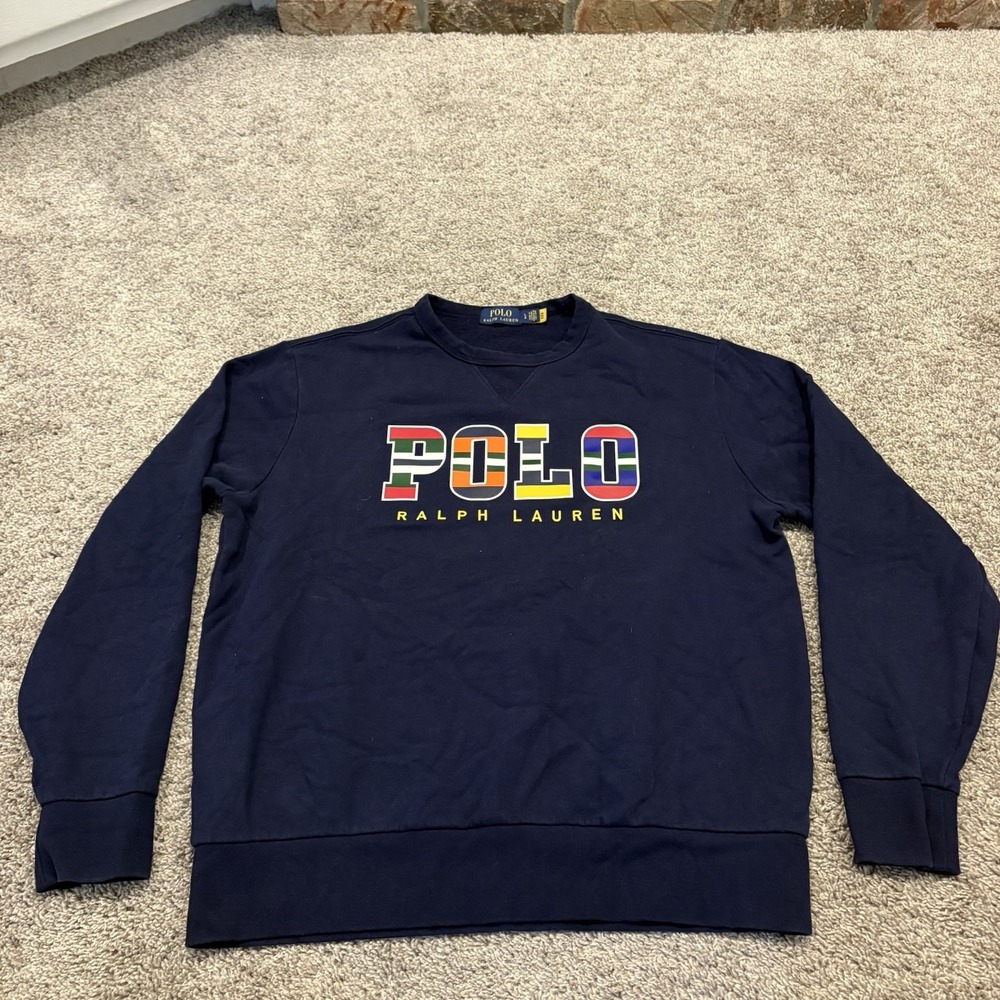 Polo Ralph Lauren Striped Logo Navy Blue Crewneck Sweatshirt Men Large RARE EUC